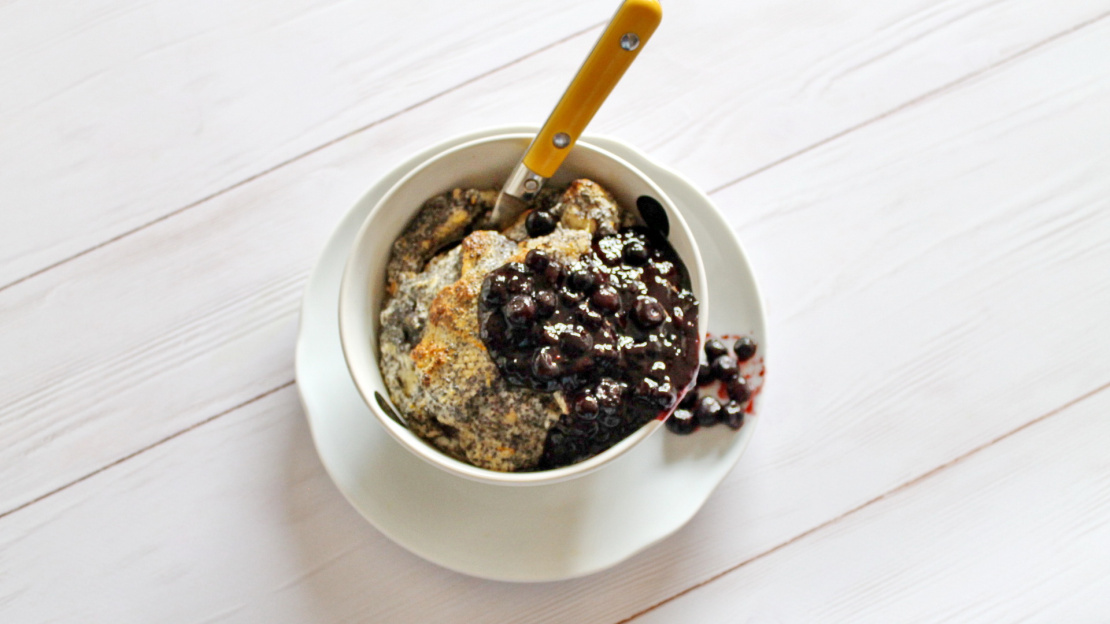 Poppy seed bread pudding with blueberry and poppy seed oil sauce