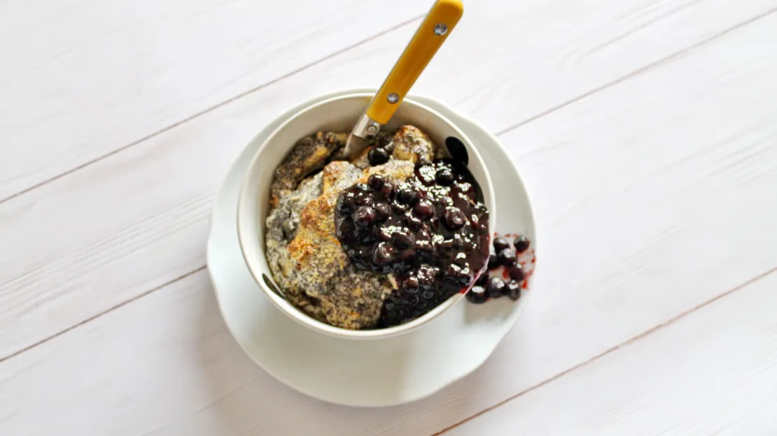 Poppy seed bread pudding with blueberry and poppy seed oil sauce
